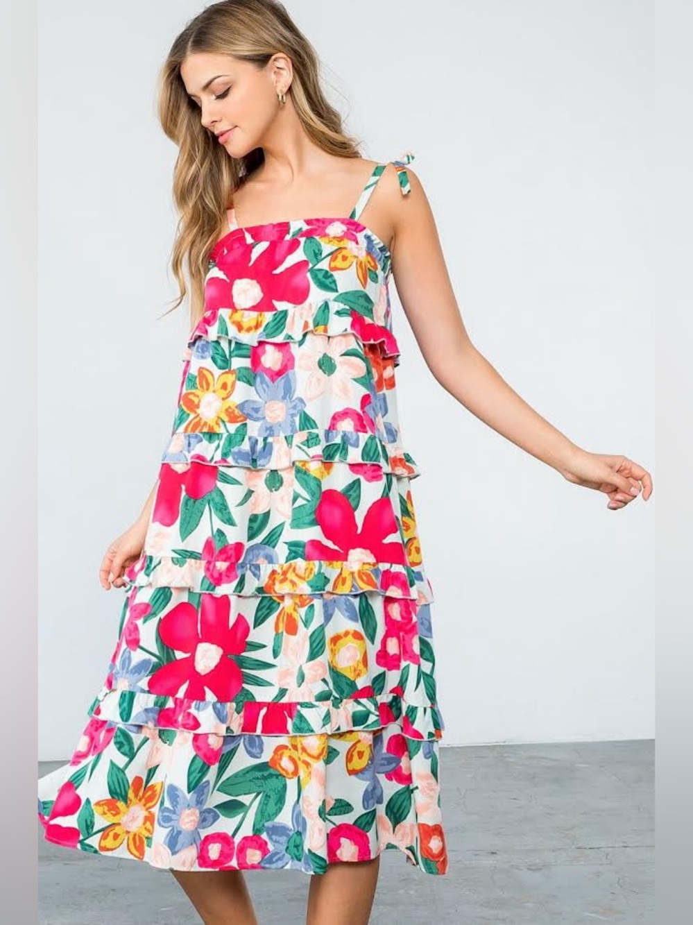 THML Watercolor Floral Tie Shoulder Tiered Ruffle Midi Dress, Size Large